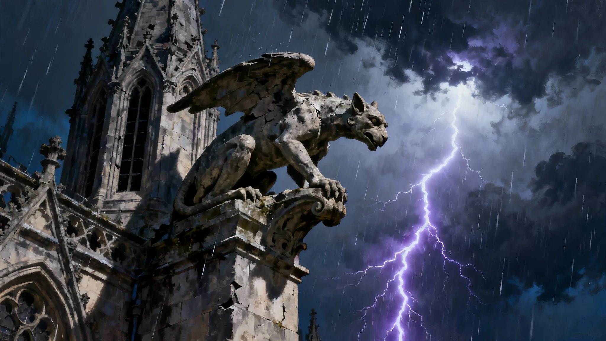A hyper-realistic digital painting in the Gothic art style, showing a detailed stone gargoyle on a cathedral during a dramatic lightning storm at night.