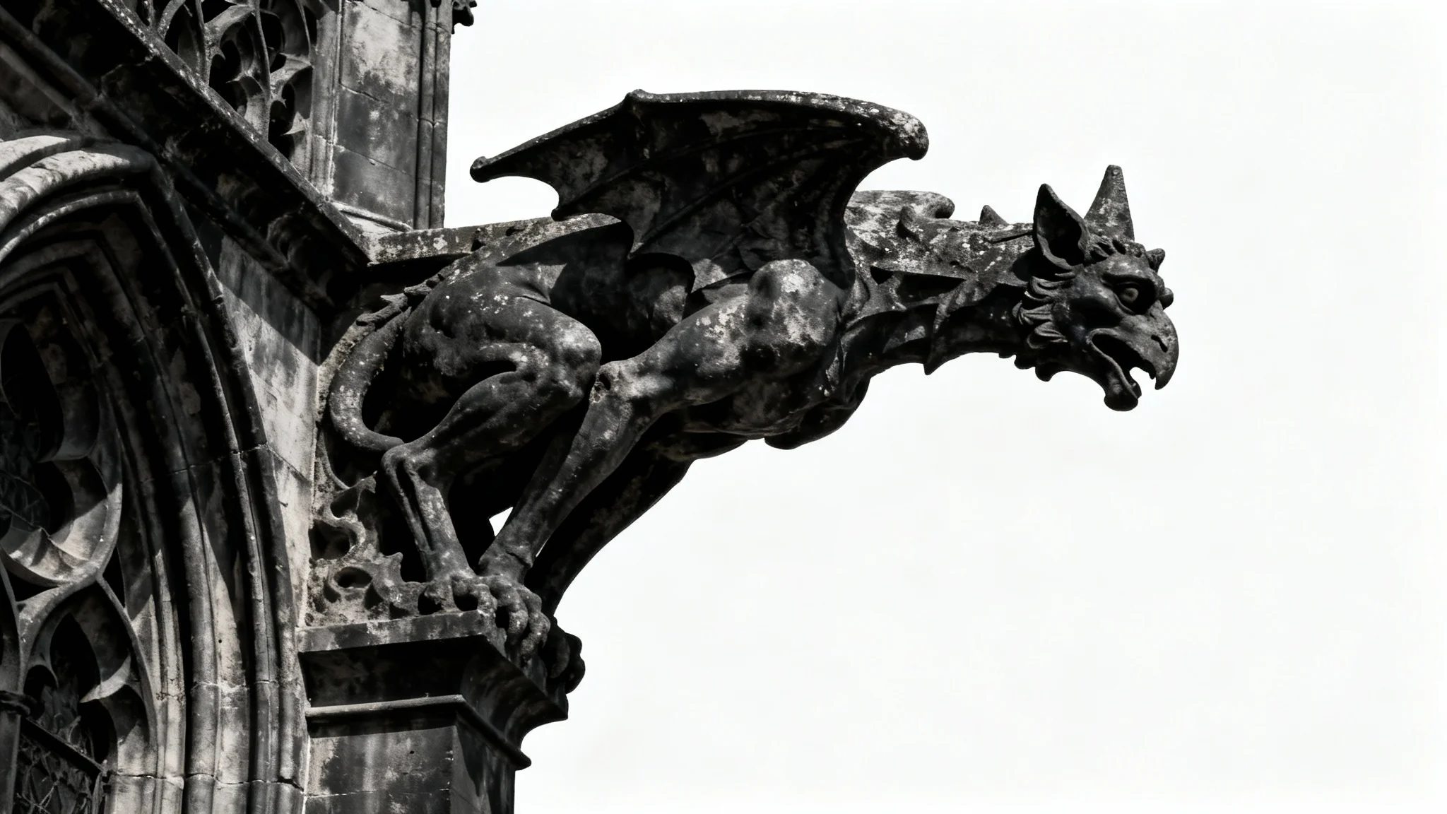 A photorealistic mockup of an intricate gothic stone carving, possibly a grotesque, isolated on a clean white background, showcasing dark, elegant architectural details.