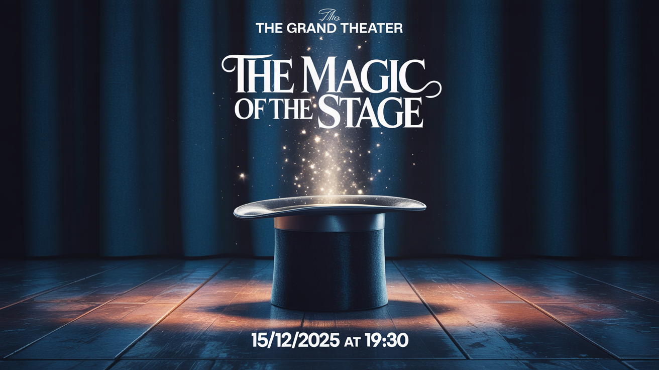 A professionally designed theater poster for a production called 'The Magic of the Stage' at The Grand Theater, showing a magician's top hat on a stage with a magical light beam coming out of it.