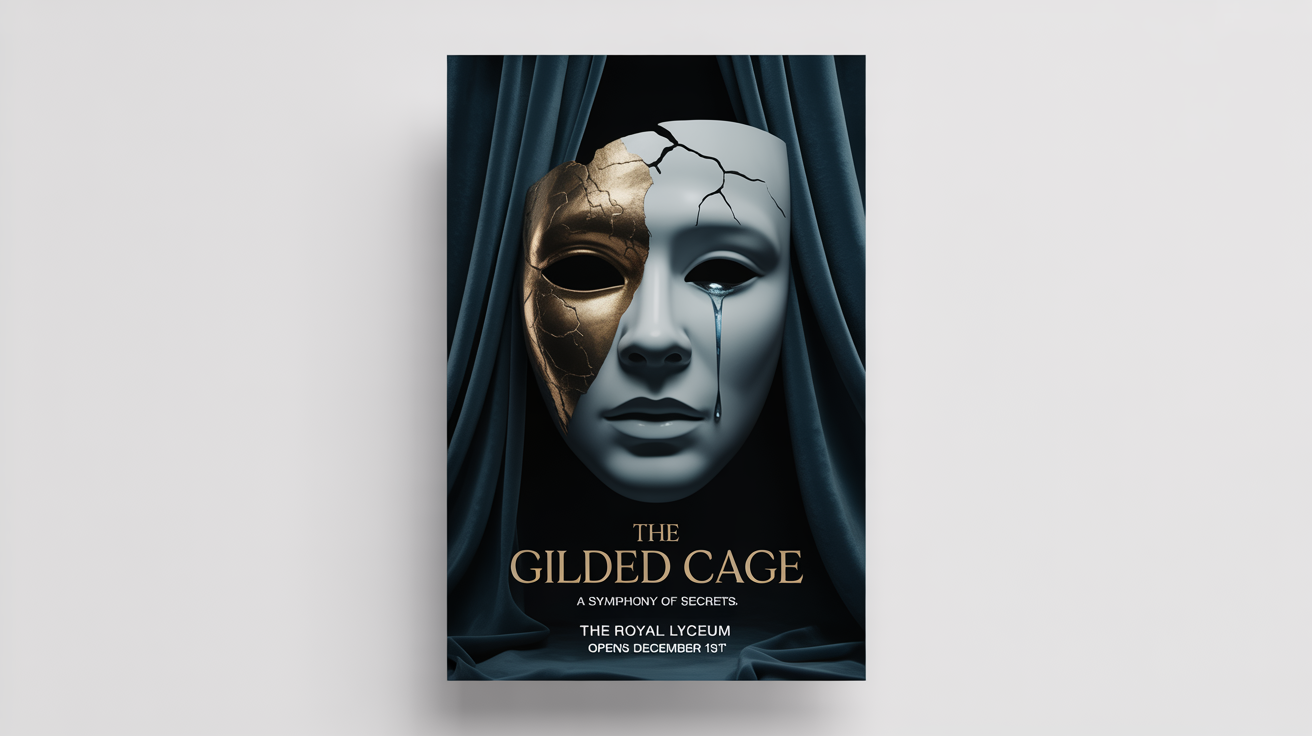 A mockup of a dramatic theater poster for a play called 'The Gilded Cage', featuring a face half-hidden by a mask and shedding a tear, set against a white background.