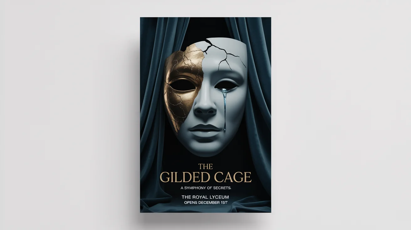 A mockup of a dramatic theater poster for a play called 'The Gilded Cage', featuring a face half-hidden by a mask and shedding a tear, set against a white background.