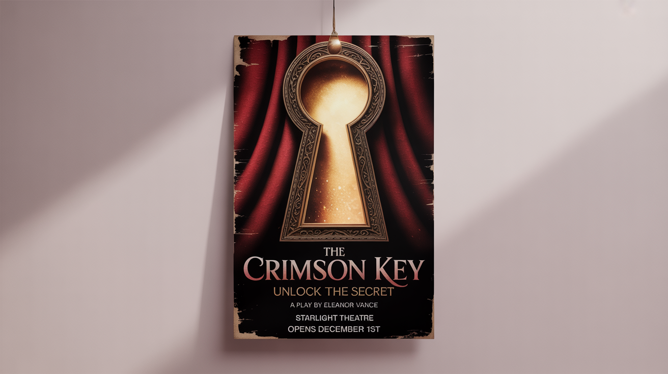 A mockup of a theater poster for a play titled 'The Crimson Key'. The poster has a dark, dramatic design with a glowing golden keyhole, presented against a clean white background.