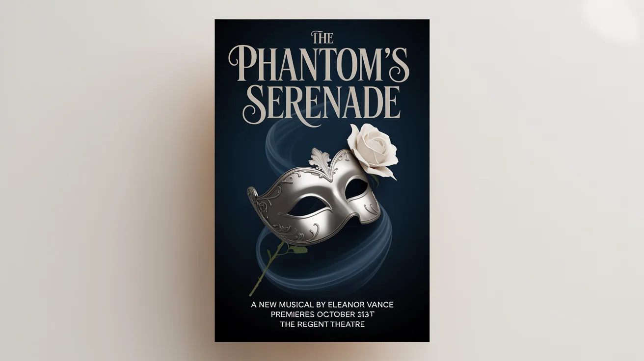 A mockup of a theater poster for a musical called 'The Phantom's Serenade'. The design features a silver masquerade mask and a white rose on a navy blue background, with gold and white text. The poster is shown against a plain white background.