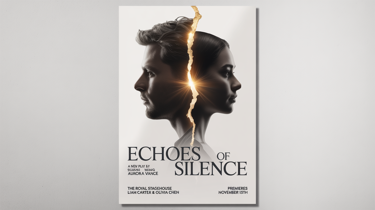 A mockup of a theater poster for a play titled 'Echoes of Silence', featuring two silhouettes and a golden crack of light, displayed against a white background.
