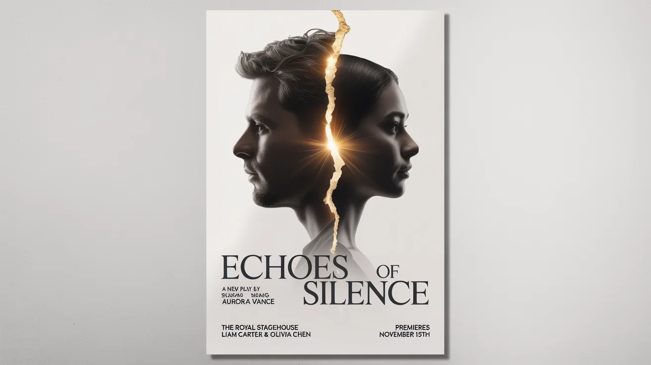 A mockup of a theater poster for a play titled 'Echoes of Silence', featuring two silhouettes and a golden crack of light, displayed against a white background.
