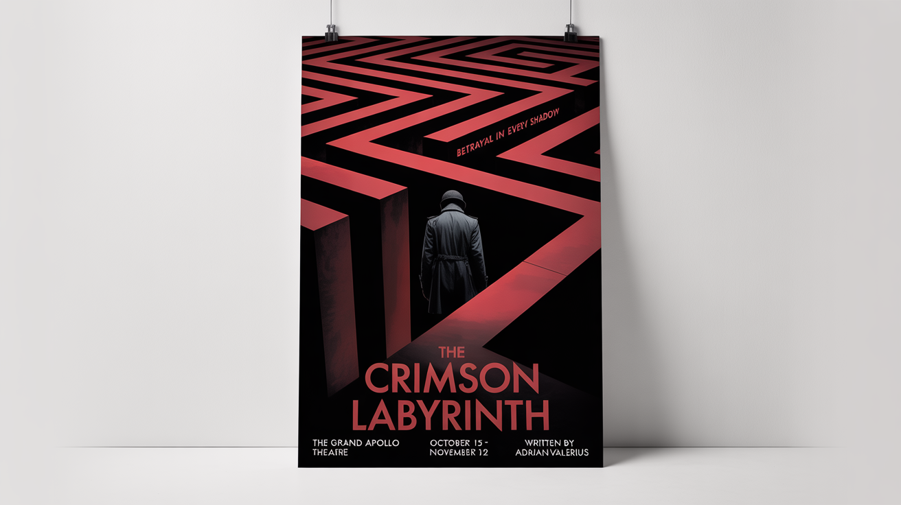 A professional mockup of a theater poster for a dramatic play titled 'The Crimson Labyrinth'. The design features a shadowy figure entering a crimson and black maze, set against a clean white background.