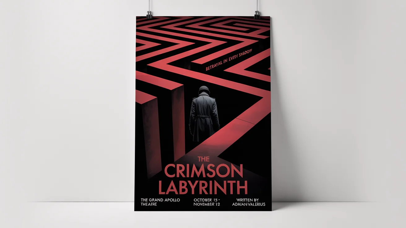 A professional mockup of a theater poster for a dramatic play titled 'The Crimson Labyrinth'. The design features a shadowy figure entering a crimson and black maze, set against a clean white background.