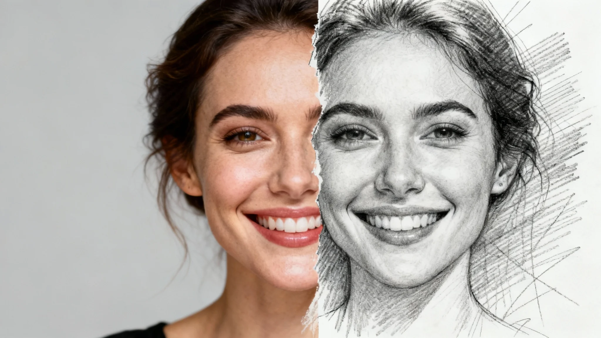 A captivating hero image showing a photo-to-sketch transformation. The left half is a color photo of a woman's face, which seamlessly transitions into a detailed black and white pencil sketch on the right half.
