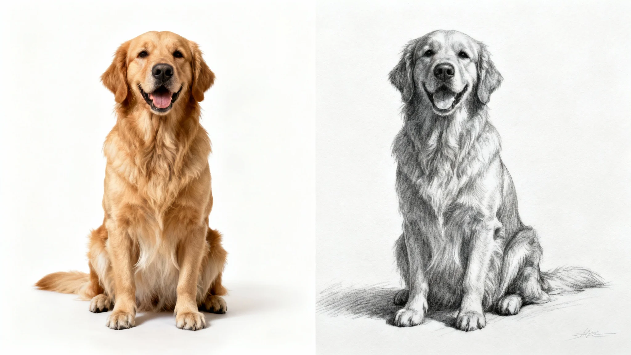 A concept image illustrating a photo to sketch service, showing a portrait of a golden retriever that is half realistic color photograph and half detailed black-and-white pencil sketch, on a white background.