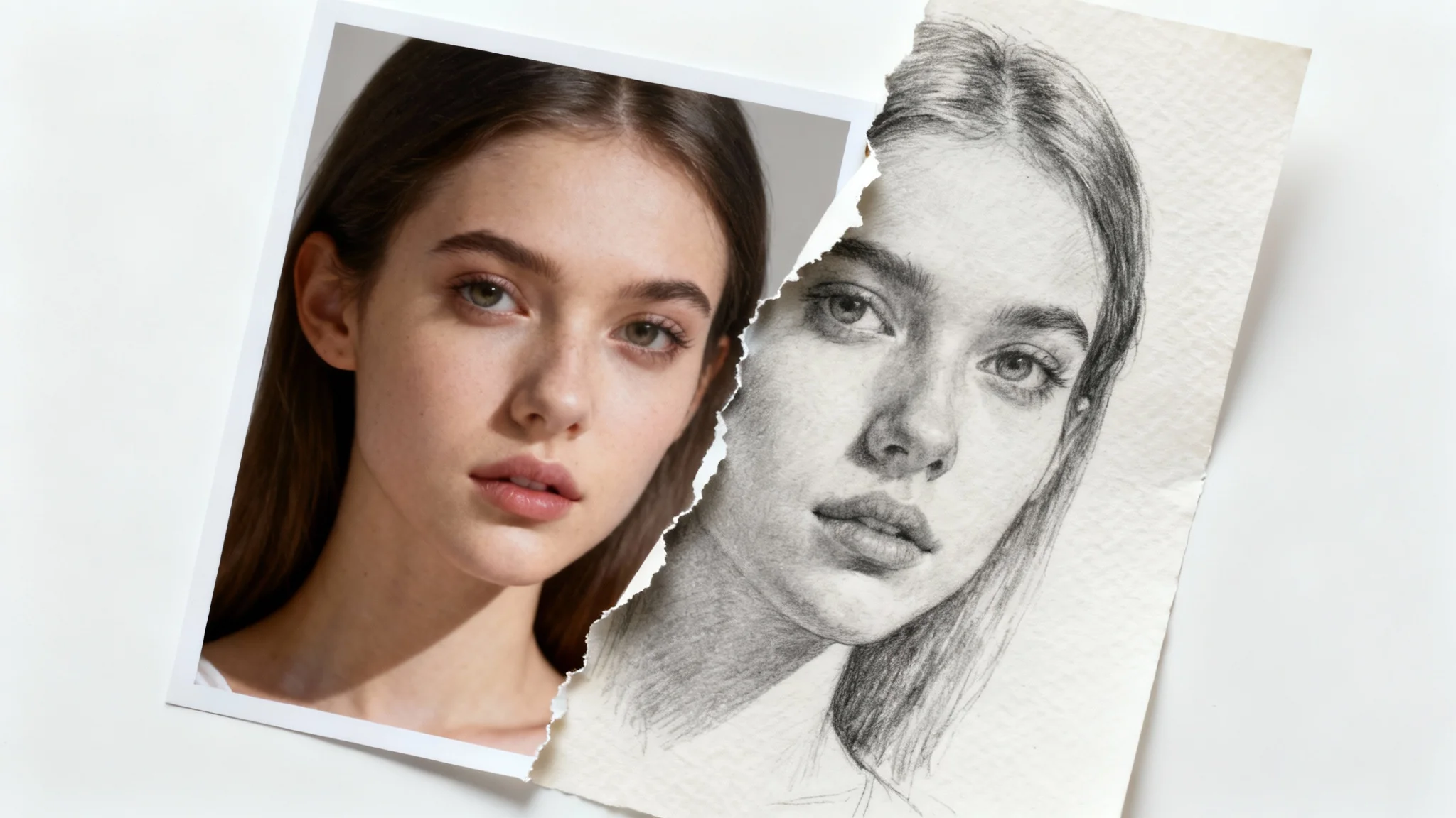 An image illustrating a photo-to-sketch effect, where a color photograph of a woman's face seamlessly transitions into a detailed pencil sketch of the same face against a white background.