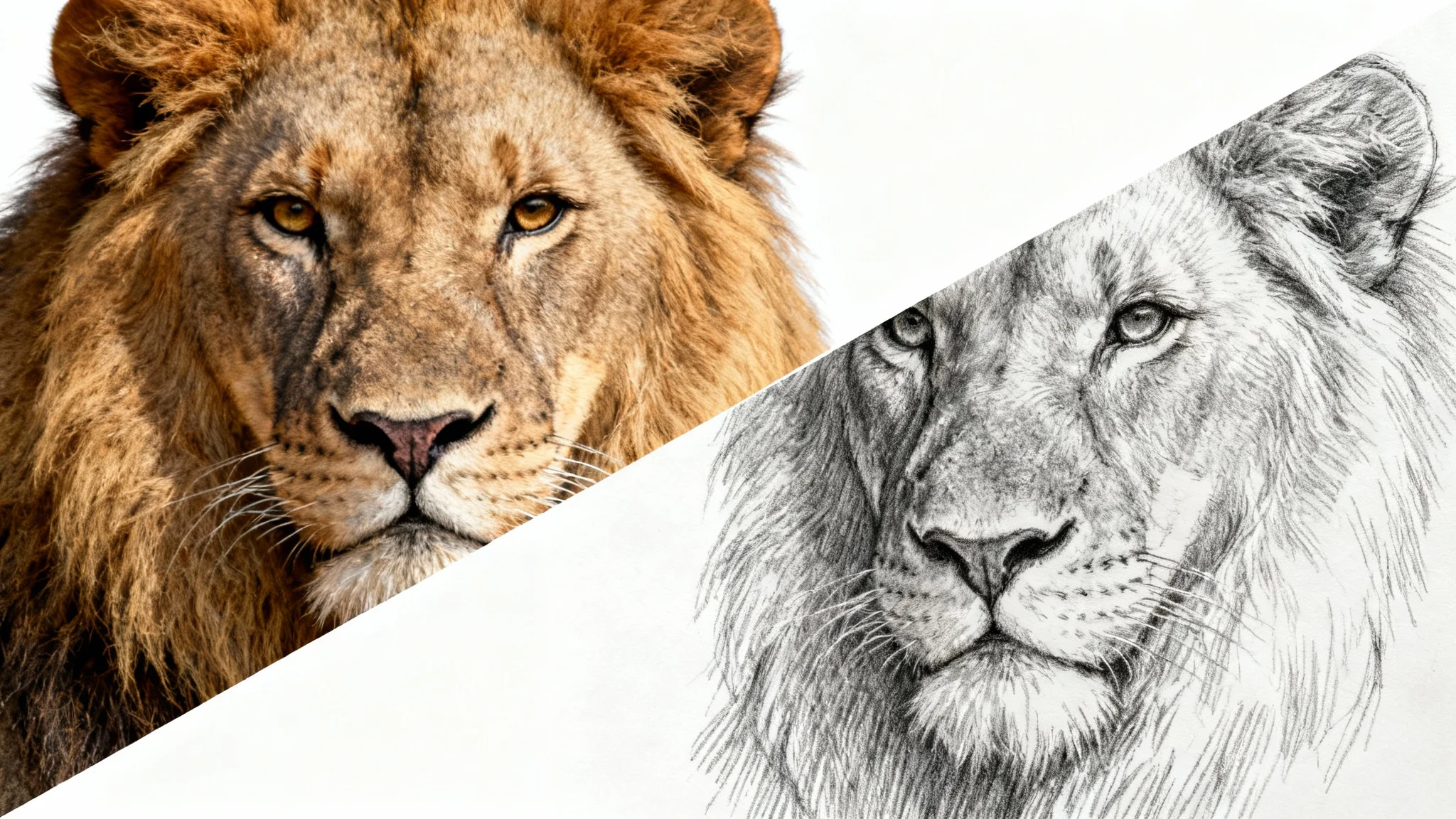 A creative mockup showing a photo being transformed into a sketch. The image is a lion's head, diagonally split between a full-color photograph and a black-and-white pencil drawing, on a white background.