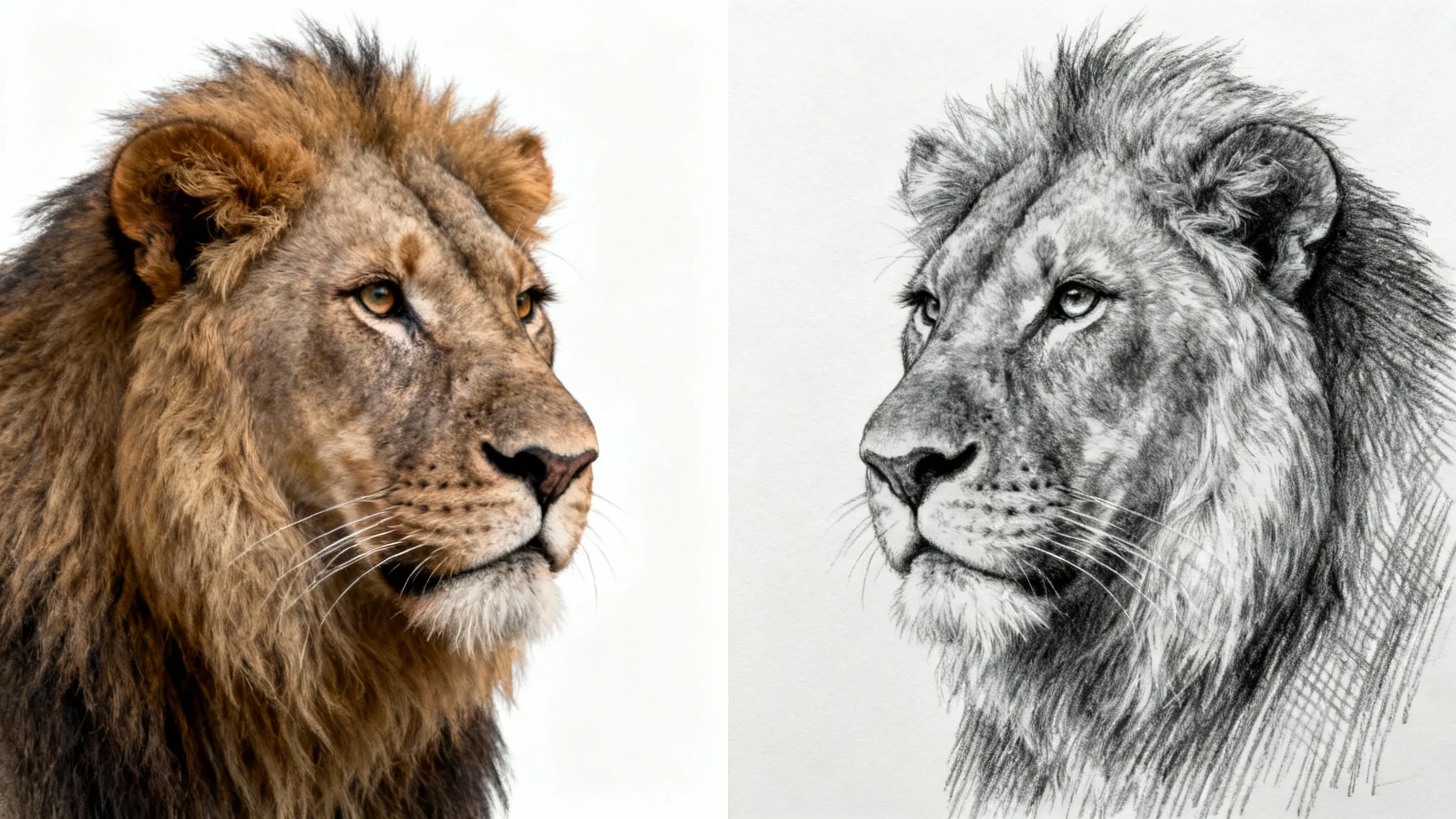 A creative image split in two: the left side shows a realistic color photo of a lion's face, and the right side shows the same image as a detailed pencil sketch, demonstrating a photo-to-sketch effect.