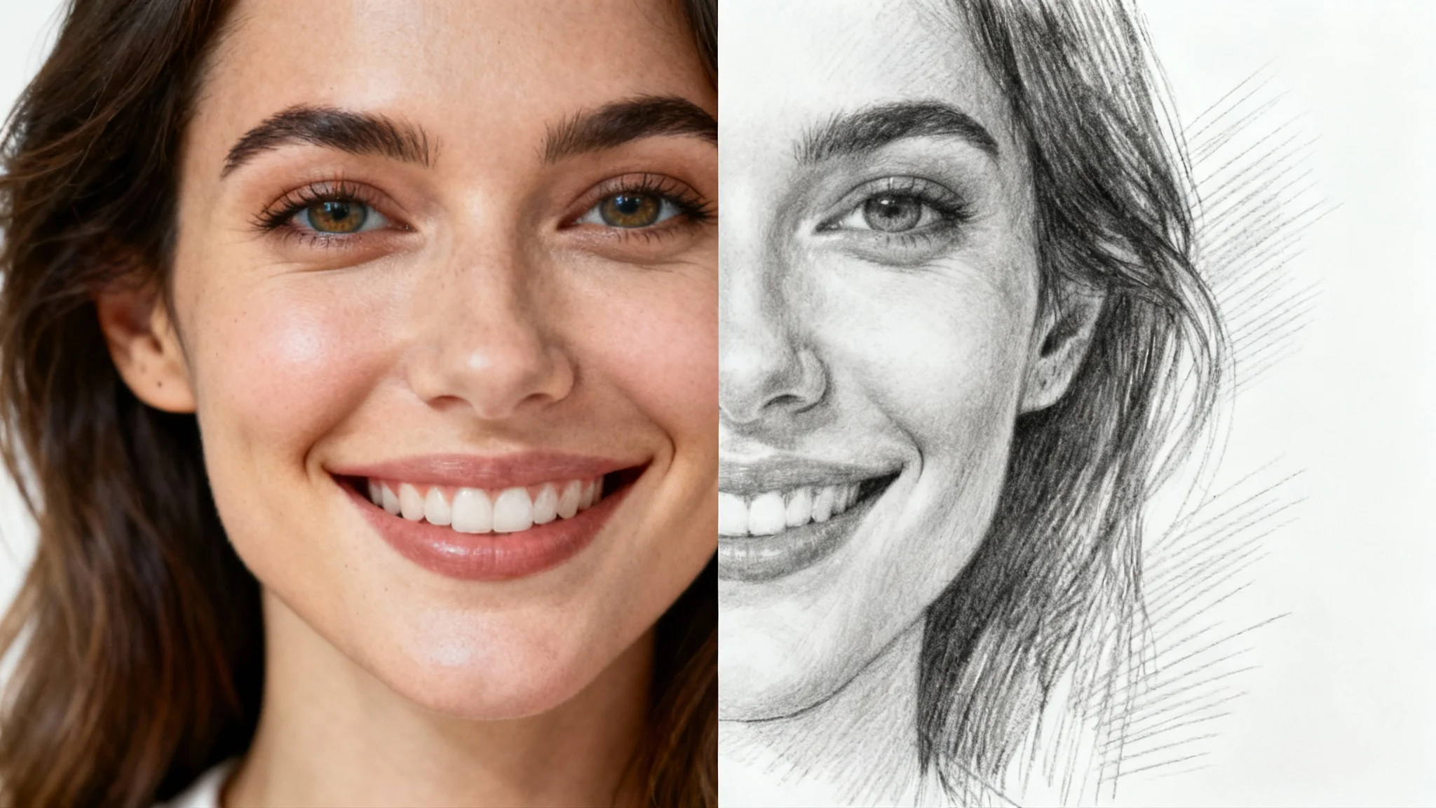 A split image showing a photo-to-sketch effect. The left side is a realistic color photograph of a woman's face, and the right side is a detailed black and white pencil sketch of the same face.