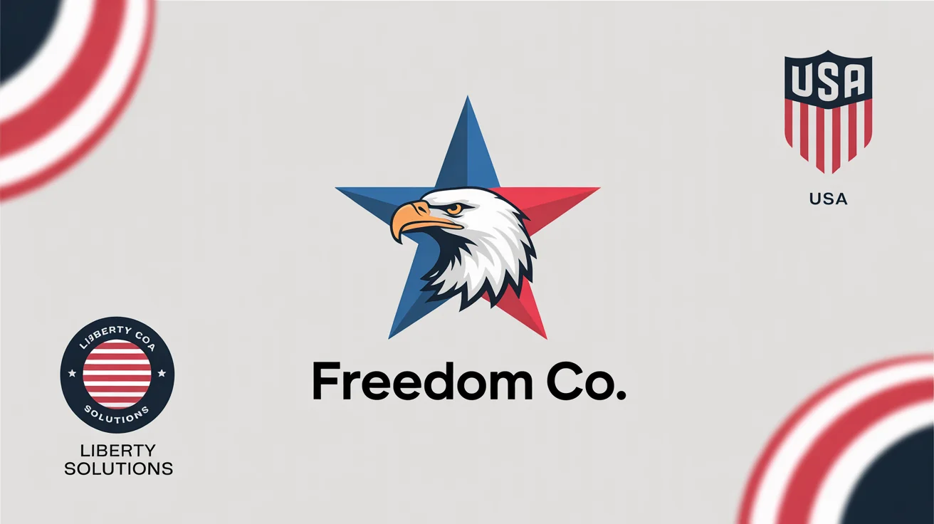 A hero image displaying three different professionally designed logos with an American theme. The central logo shows a stylized eagle and the text 'FREEDOM CO.'