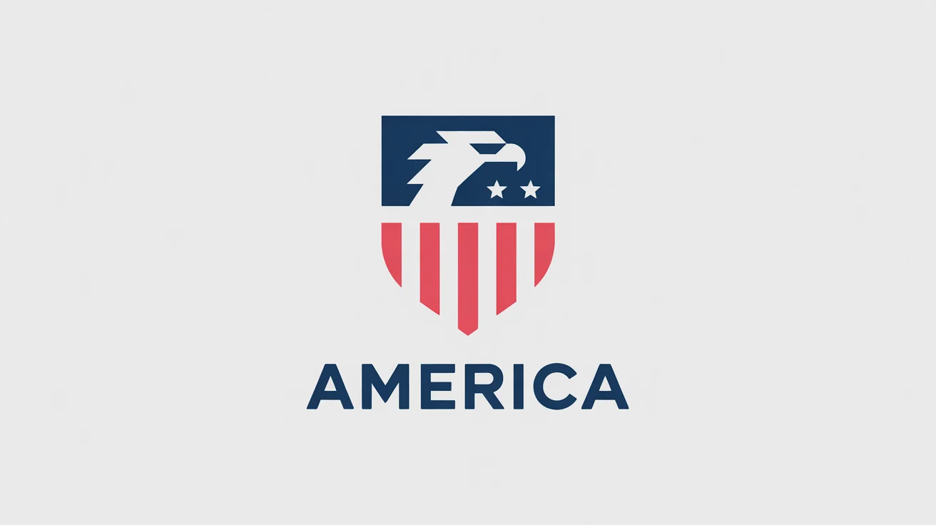 A modern, minimalist logo with an eagle's head on top of a shield with red and white stripes. The text 'AMERICA' is written below the emblem. The logo is in red, white, and blue, set against a plain white background.