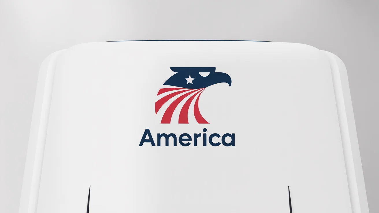 A modern, patriotic logo for America, featuring a navy blue eagle head with a white star and red and white stripes. The word 'AMERICA' is written below. The logo is on a clean white background.