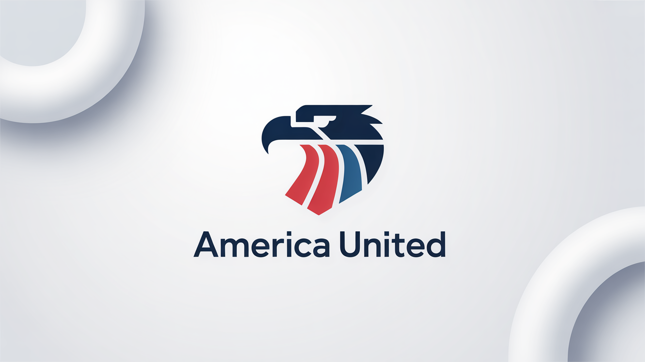 A modern, patriotic logo featuring a stylized navy blue eagle head, red stripes, and the text 'AMERICA UNITED' in a clean font, all presented on a plain white background.