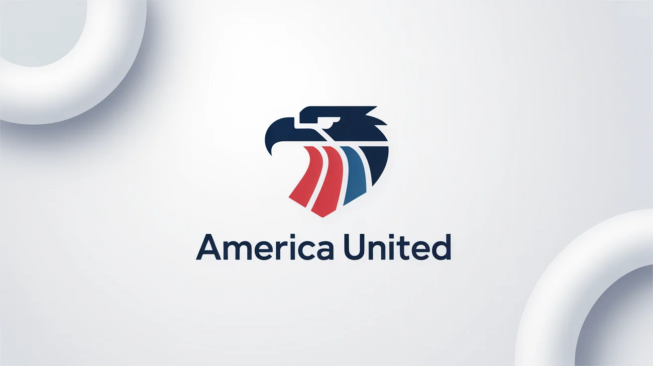 A modern, patriotic logo featuring a stylized navy blue eagle head, red stripes, and the text 'AMERICA UNITED' in a clean font, all presented on a plain white background.