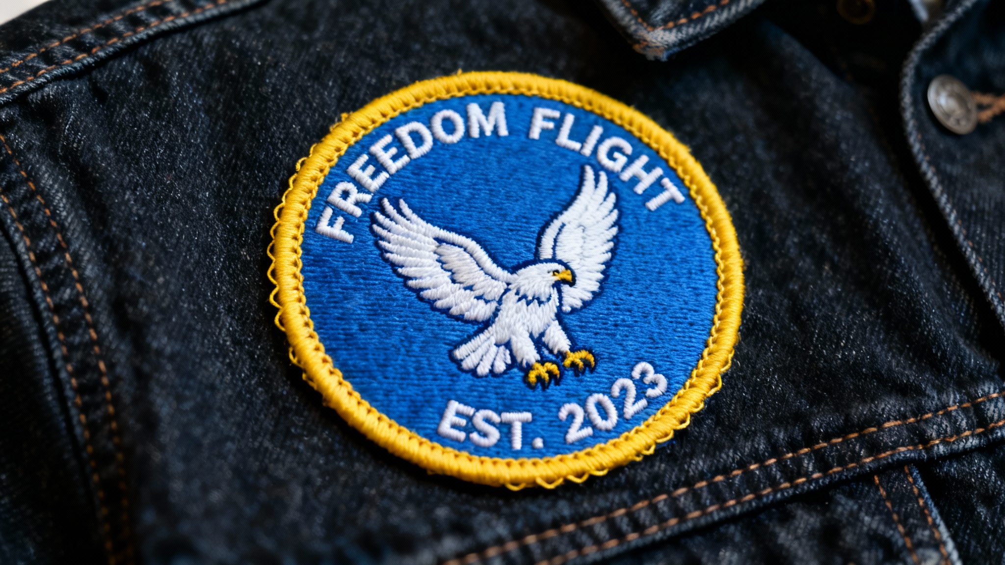 A close-up photograph of a custom circular embroidered patch on a denim jacket. The patch has a vibrant blue background, a stylized white eagle, and yellow text reading 'FREEDOM FLIGHT' and 'EST. 2023', with a distinct merrowed edge.