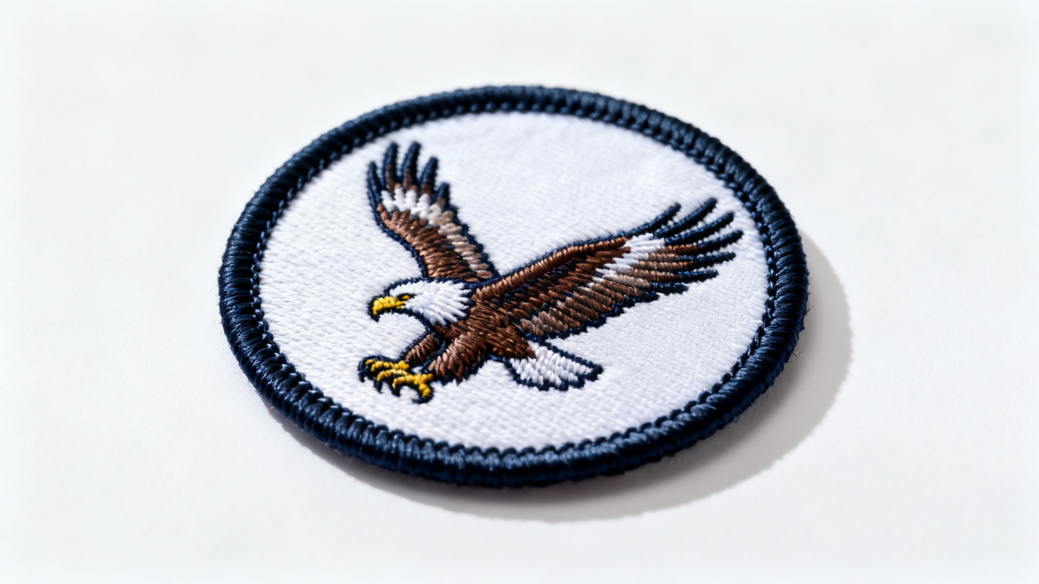 A detailed close-up shot of a circular embroidered patch with a prominent, thick merrowed edge, featuring an eagle design, on a clean white background.