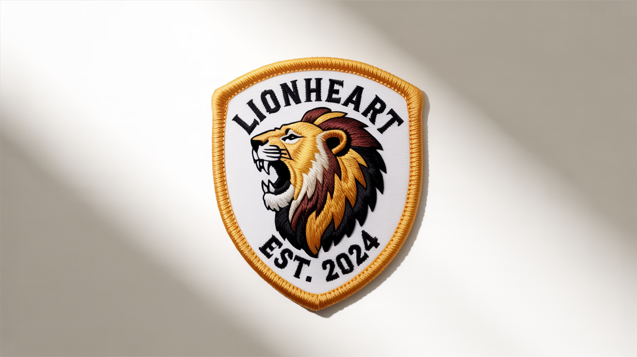 A detailed macro photograph of a shield-shaped embroidered patch featuring a roaring lion and the text 'LIONHEART EST. 2024'. The focus is on the thick, stitched merrowed edge of the patch, set against a clean white background.