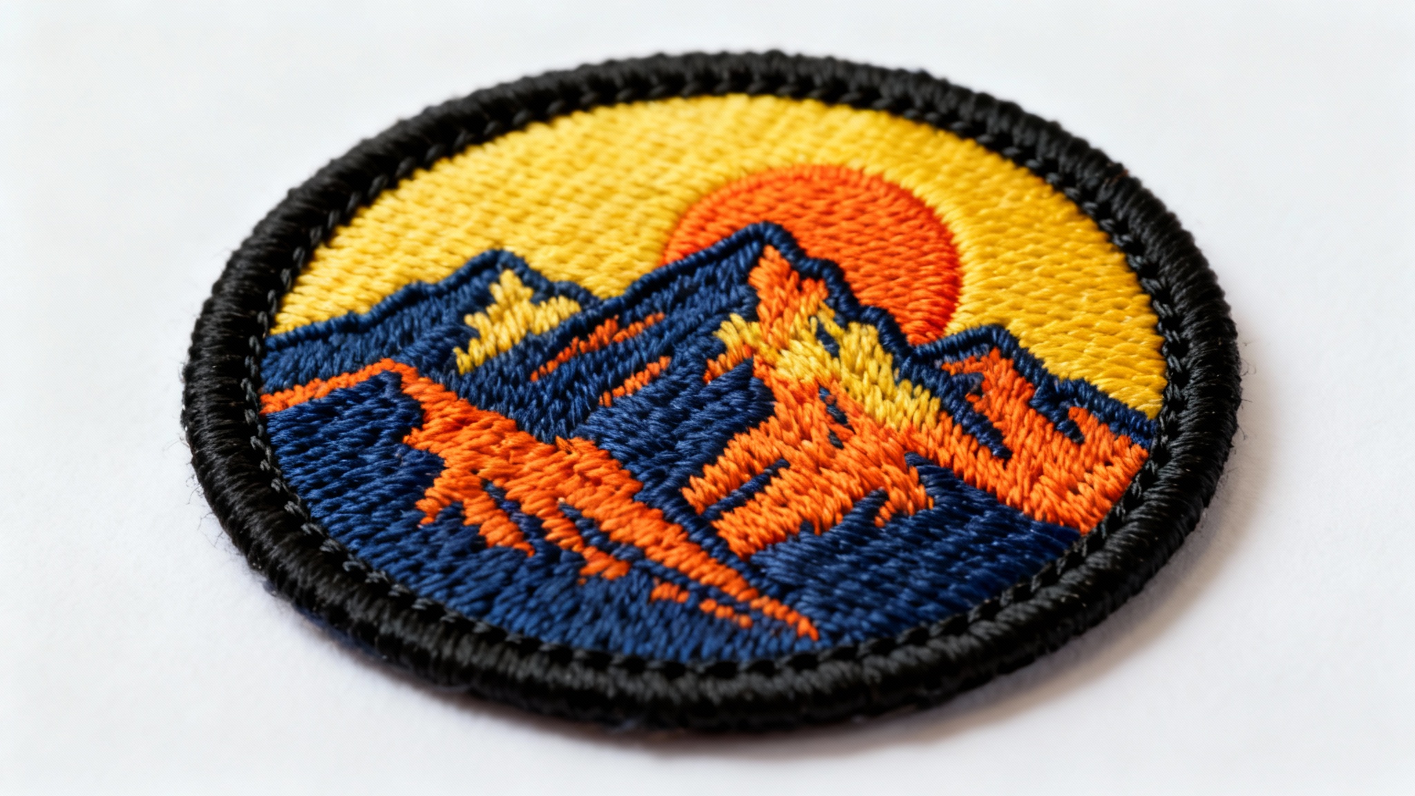 A detailed macro shot of a circular embroidered patch featuring a mountain sunset design. The focus is on the thick, black, raised merrowed edge of the patch, which sits on a clean white surface.
