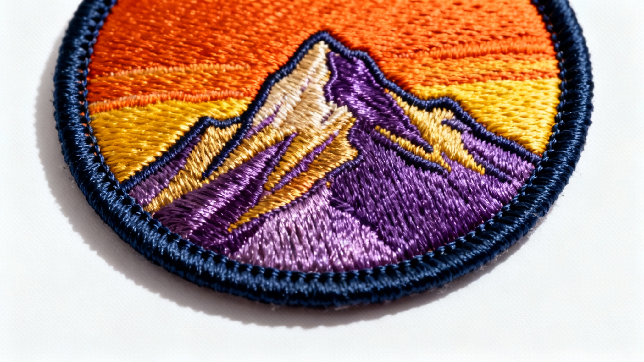 A photorealistic close-up of a circular embroidered patch with a thick, raised merrowed edge, depicting a colorful mountain sunset, isolated on a white background.