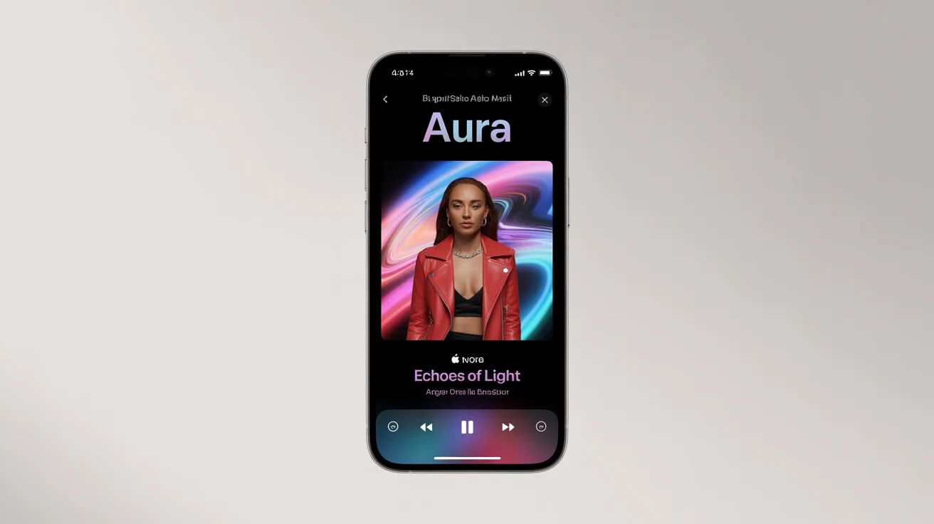 A polished hero image showing an iPhone screen displaying a custom album cover within the Apple Music app. The vibrant cover art for an artist named 'AURA' and album 'ECHOES OF LIGHT' features a digital illustration of a stylish female artist against a colorful abstract background.