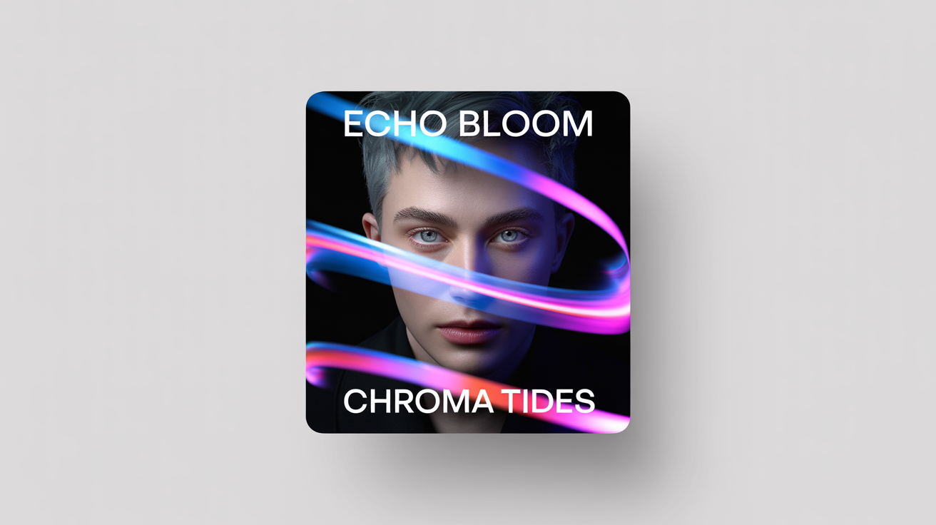 A mockup of a modern music album cover titled 'Chroma Tides' by 'Echo Bloom'. The artwork features a portrait surrounded by swirling blue and pink lights.