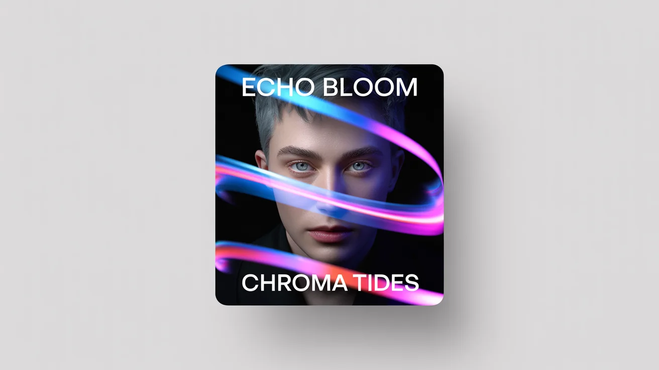 A mockup of a modern music album cover titled 'Chroma Tides' by 'Echo Bloom'. The artwork features a portrait surrounded by swirling blue and pink lights.