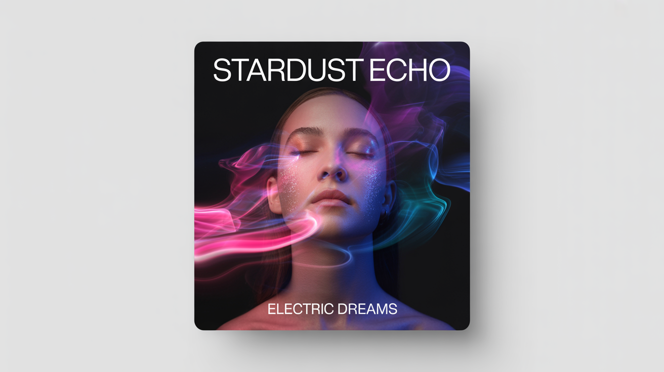 A mockup of an Apple Music cover art for the album 'Electric Dreams' by 'Stardust Echo', featuring a surreal portrait with colorful, swirling smoke on a white background.