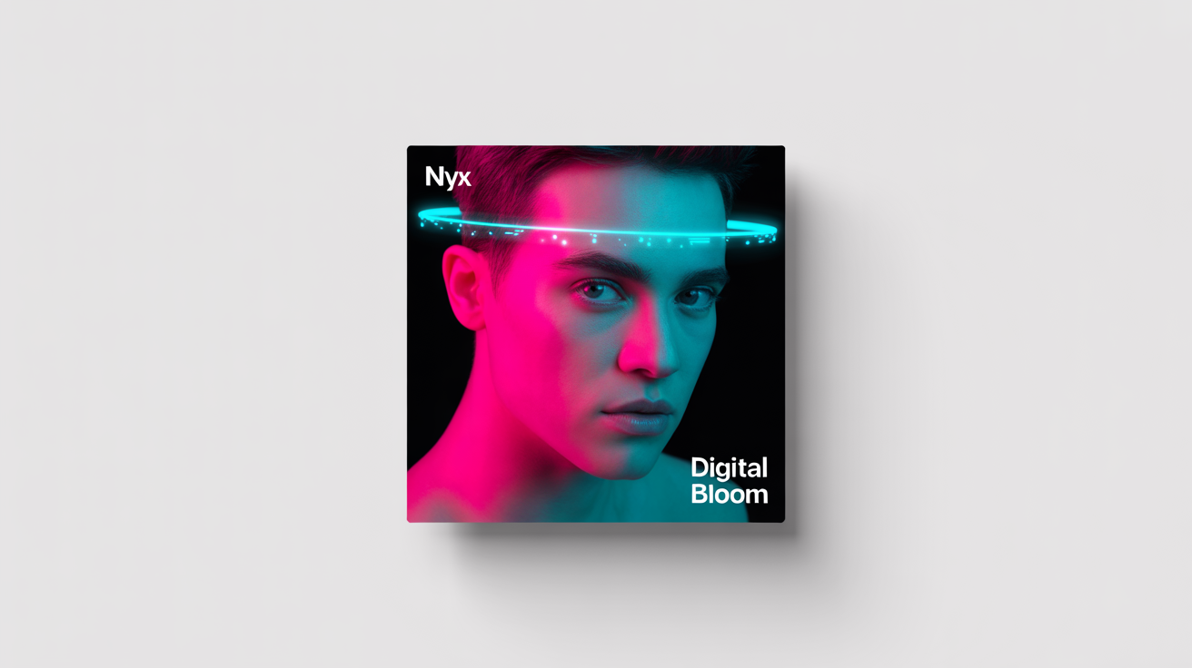 A mockup of a modern, square Apple Music album cover for an artist named 'Nyx' and an album titled 'Digital Bloom,' featuring a photographic portrait with neon lighting, on a white background.