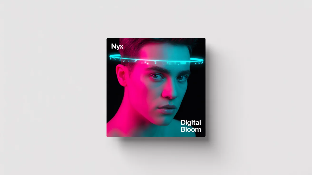A mockup of a modern, square Apple Music album cover for an artist named 'Nyx' and an album titled 'Digital Bloom,' featuring a photographic portrait with neon lighting, on a white background.