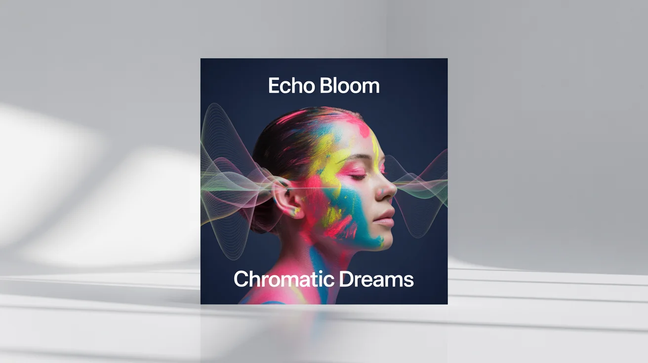 A mockup of a vibrant Apple Music album cover for an artist named Echo Bloom, titled Chromatic Dreams. The art features a woman's profile with glowing neon paint against a dark background, all displayed on a white backdrop.