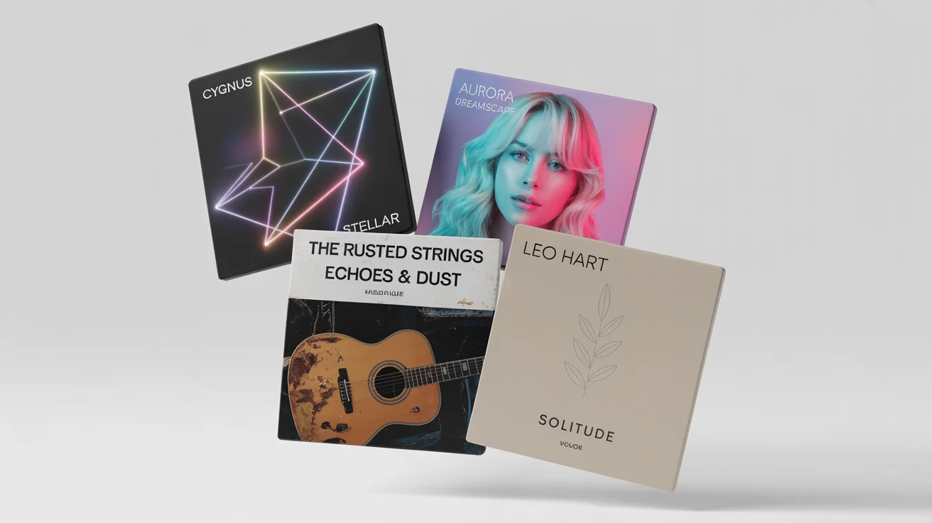 A professional mockup of four distinct Apple Music album covers for different genres, displayed floating against a clean white background to showcase design variety.