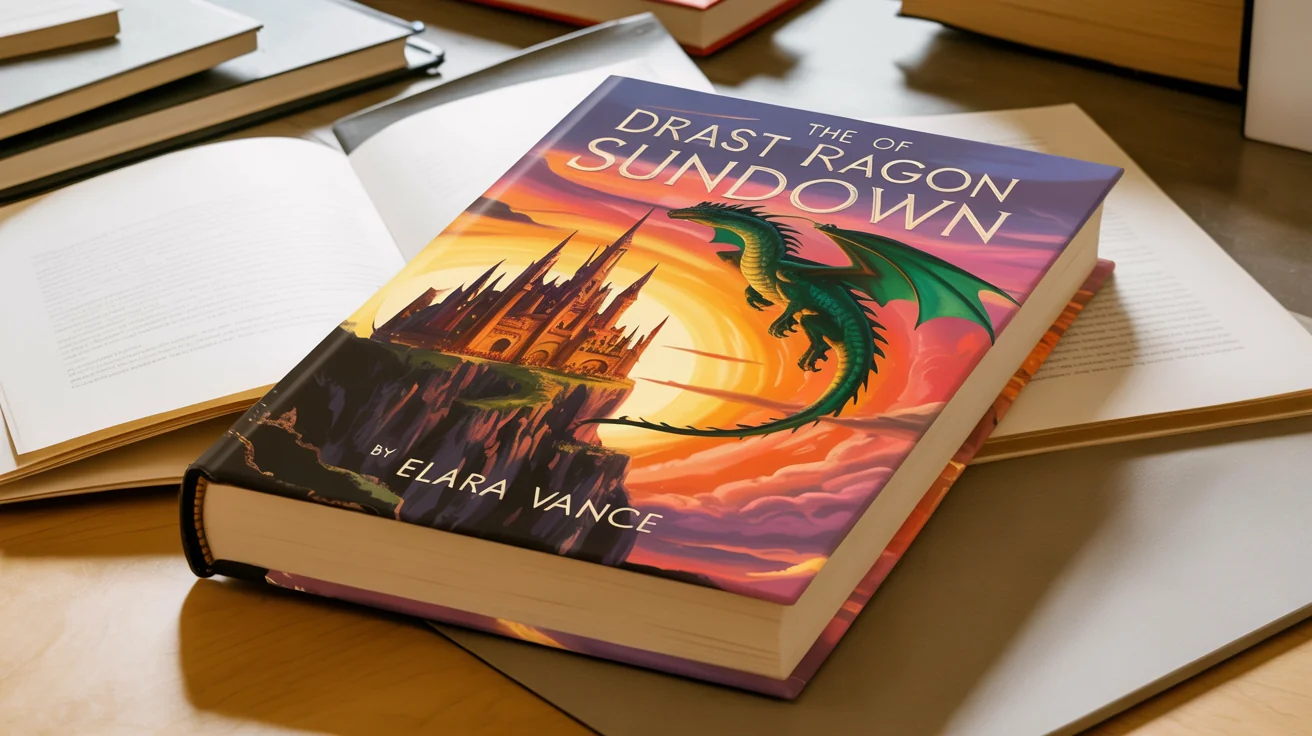 A photorealistic mockup of a hardcover fantasy book titled 'The Last Dragon of Sundown', featuring cover art of a castle and dragon. The book is displayed on a clean white background.