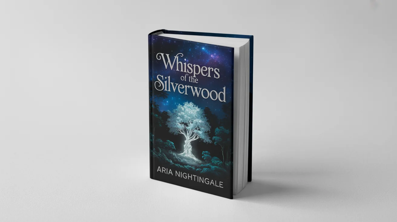 A professionally shot mockup of a fantasy hardcover book titled 'Whispers of the Silverwood' by 'Aria Nightingale', standing on a clean white surface against a white background.