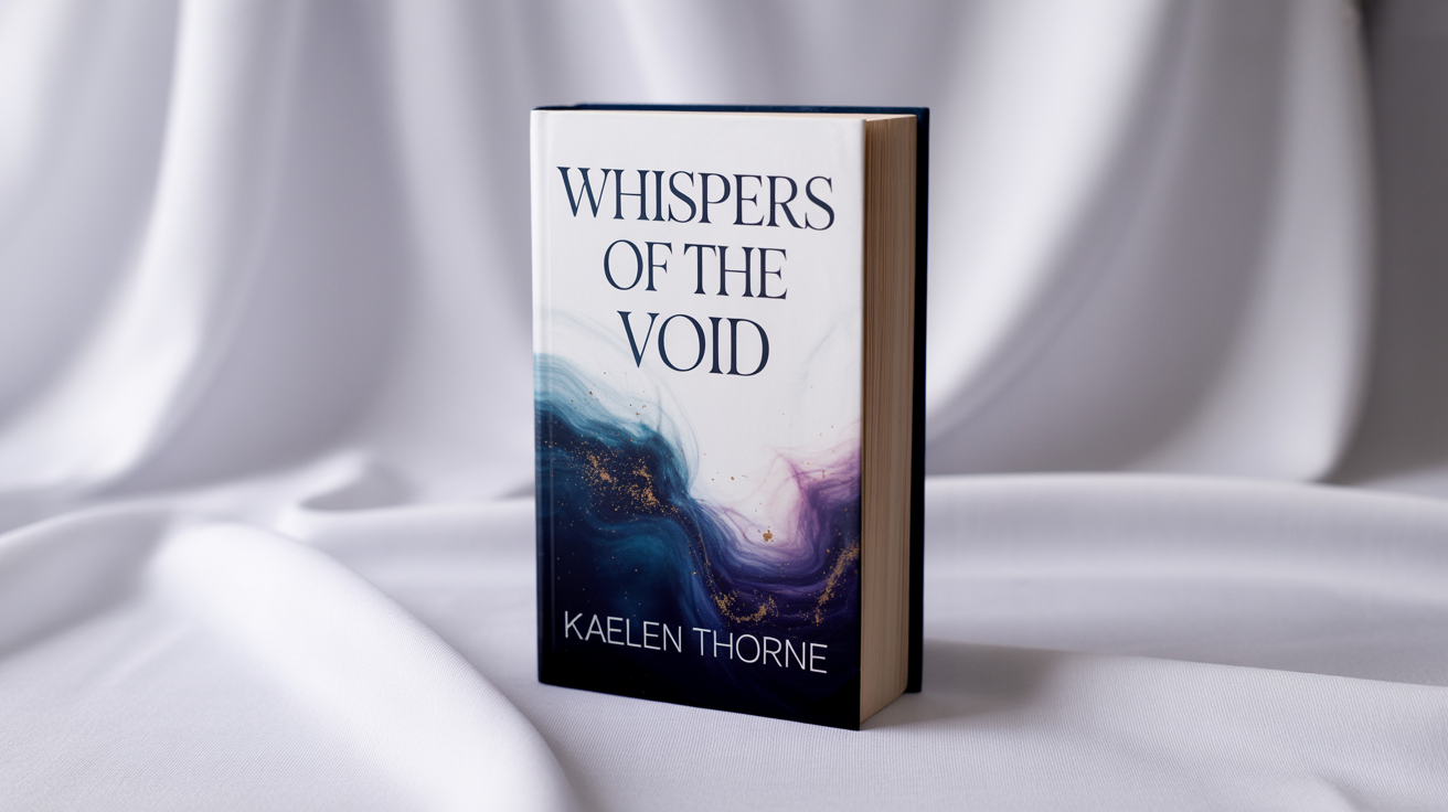 A photorealistic mockup of a hardcover book titled 'Whispers of the Void' by author 'Kaelen Thorne', featuring an abstract nebula design on the cover, set against a plain white background.