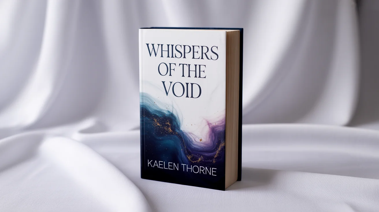 A photorealistic mockup of a hardcover book titled 'Whispers of the Void' by author 'Kaelen Thorne', featuring an abstract nebula design on the cover, set against a plain white background.