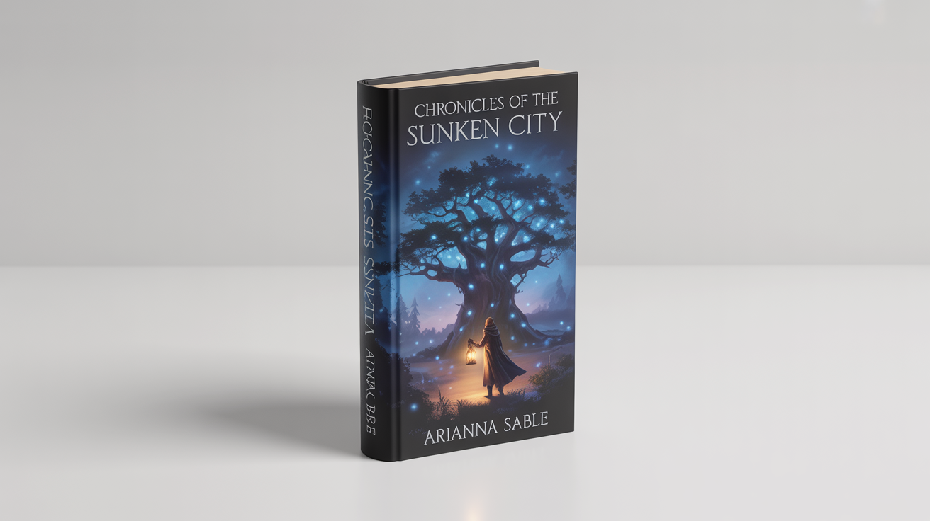 A photorealistic mockup of a hardcover fantasy novel titled 'Chronicles of the Sunken City' by Arianna Sable, standing on a white surface. The cover depicts an adventurer in a mystical forest.