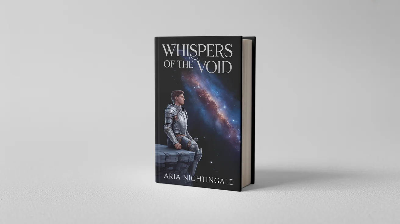 A professional mockup of a fantasy hardcover book titled 'Whispers of the Void' by Aria Nightingale, displayed upright on a clean white background.