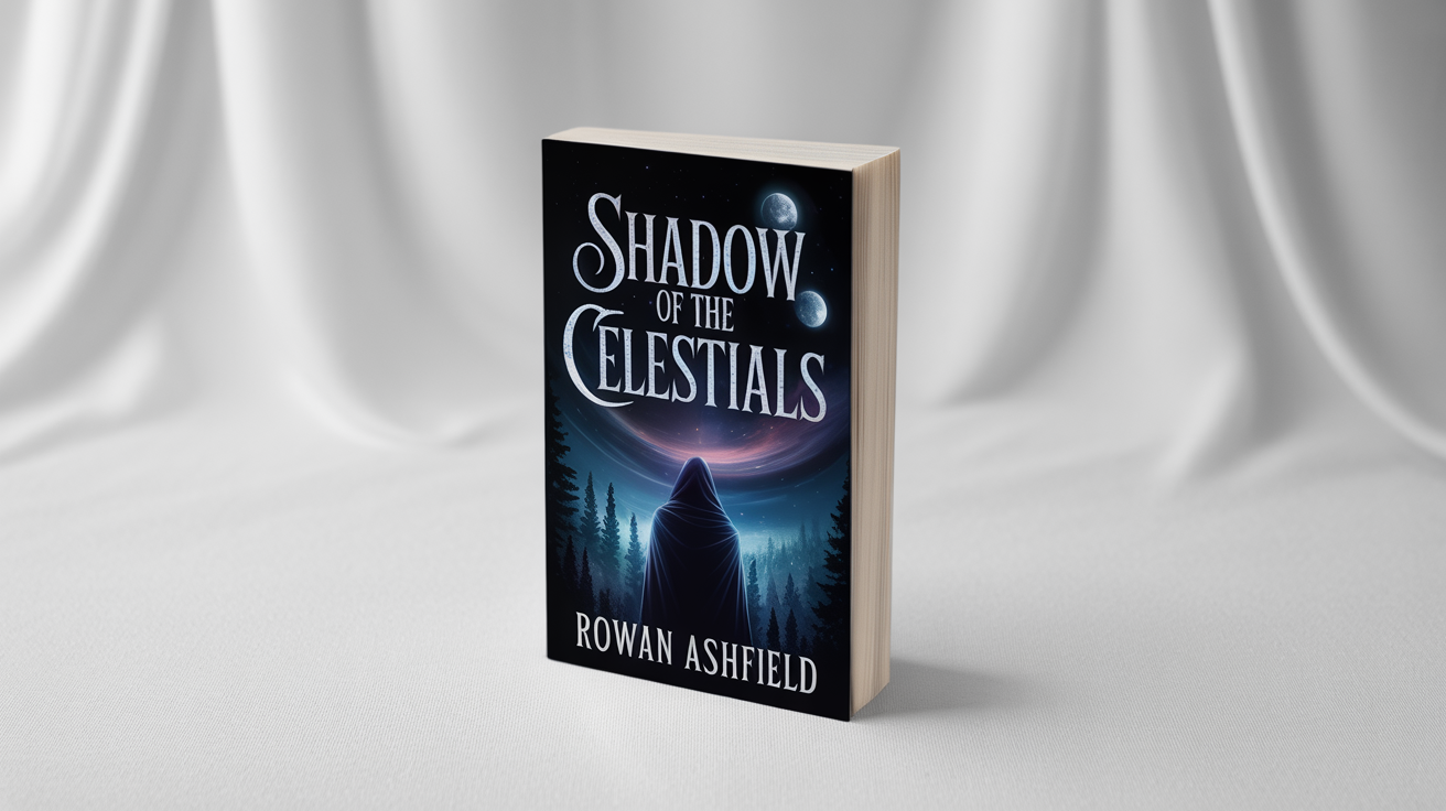 A professional mockup of a fantasy book cover titled 'Shadow of the Celestials' by Rowan Ashfield, standing upright on a clean white background.
