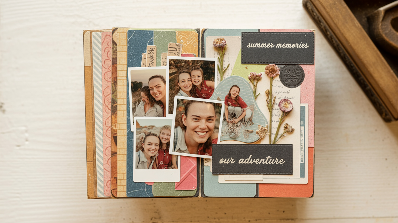 A polished digital scrapbook collage in a 16:9 aspect ratio, displayed on a clean white background. The collage features photos, patterned paper, and text reading 'Summer Memories'.