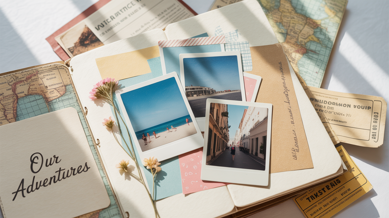 A photorealistic mockup of a scrapbook collage page with a travel theme, featuring vintage photos, maps, and a note saying 'Our Adventures', all on a clean white background.