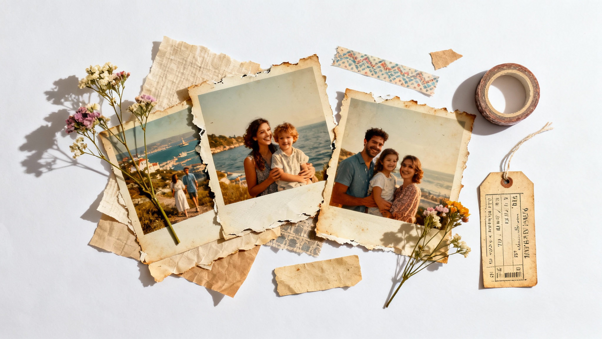 A flat lay image of a nostalgic scrapbook collage, featuring vintage photos, pressed flowers, and decorative paper elements, all artfully arranged on a clean white background.
