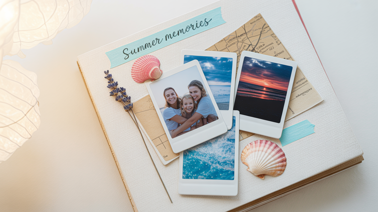 A top-down view of a handmade scrapbook page with a beach vacation theme, isolated on a white background. It features overlapping photos, a seashell, a map piece, and text that reads 'Summer Memories'.