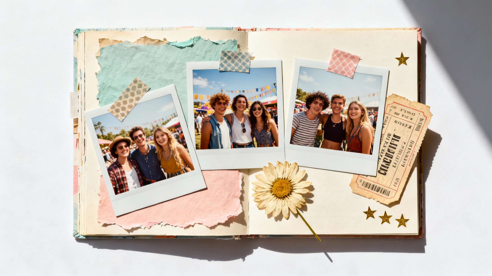 A flat lay photo of a charming scrapbook collage on a white surface, filled with polaroid pictures of friends, colored paper, a dried flower, and a ticket stub, creating a nostalgic and happy feeling.