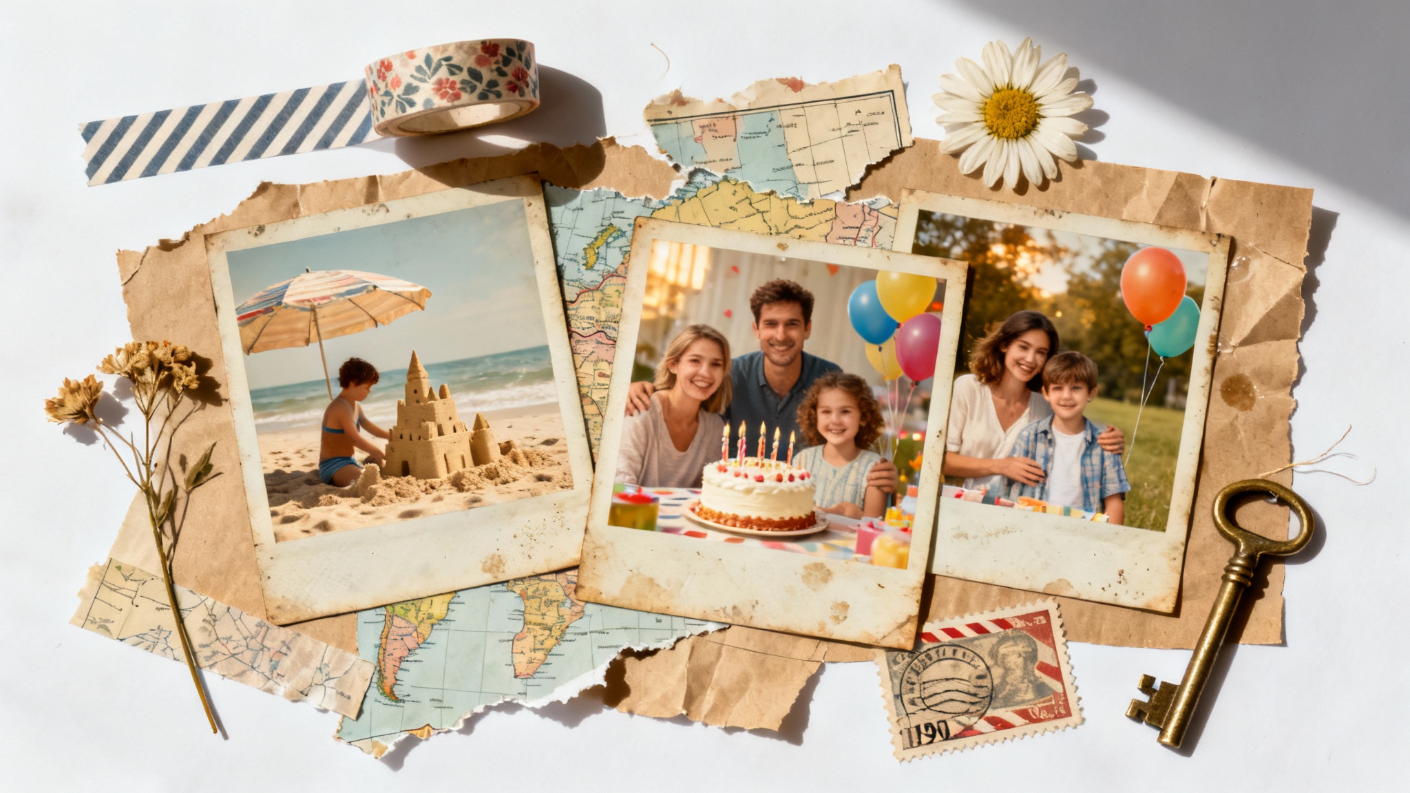 A top-down view of a sentimental scrapbook collage, featuring vintage photographs, layered paper, washi tape, a pressed flower, and a small key, all arranged on a clean white background.