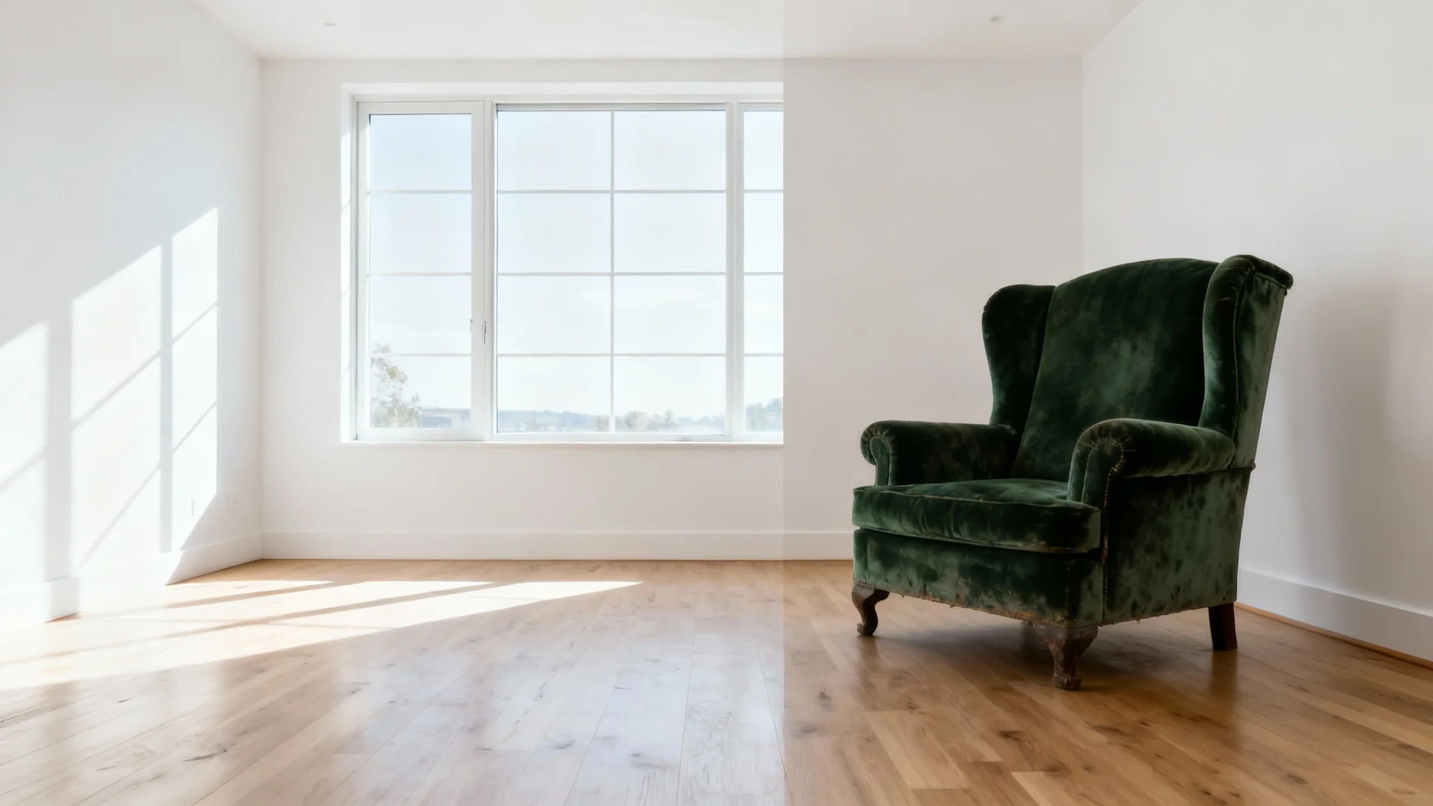 A minimalist living room, half of which is completely empty and bright, and the other half contains a single old armchair, symbolizing the process of furniture removal.