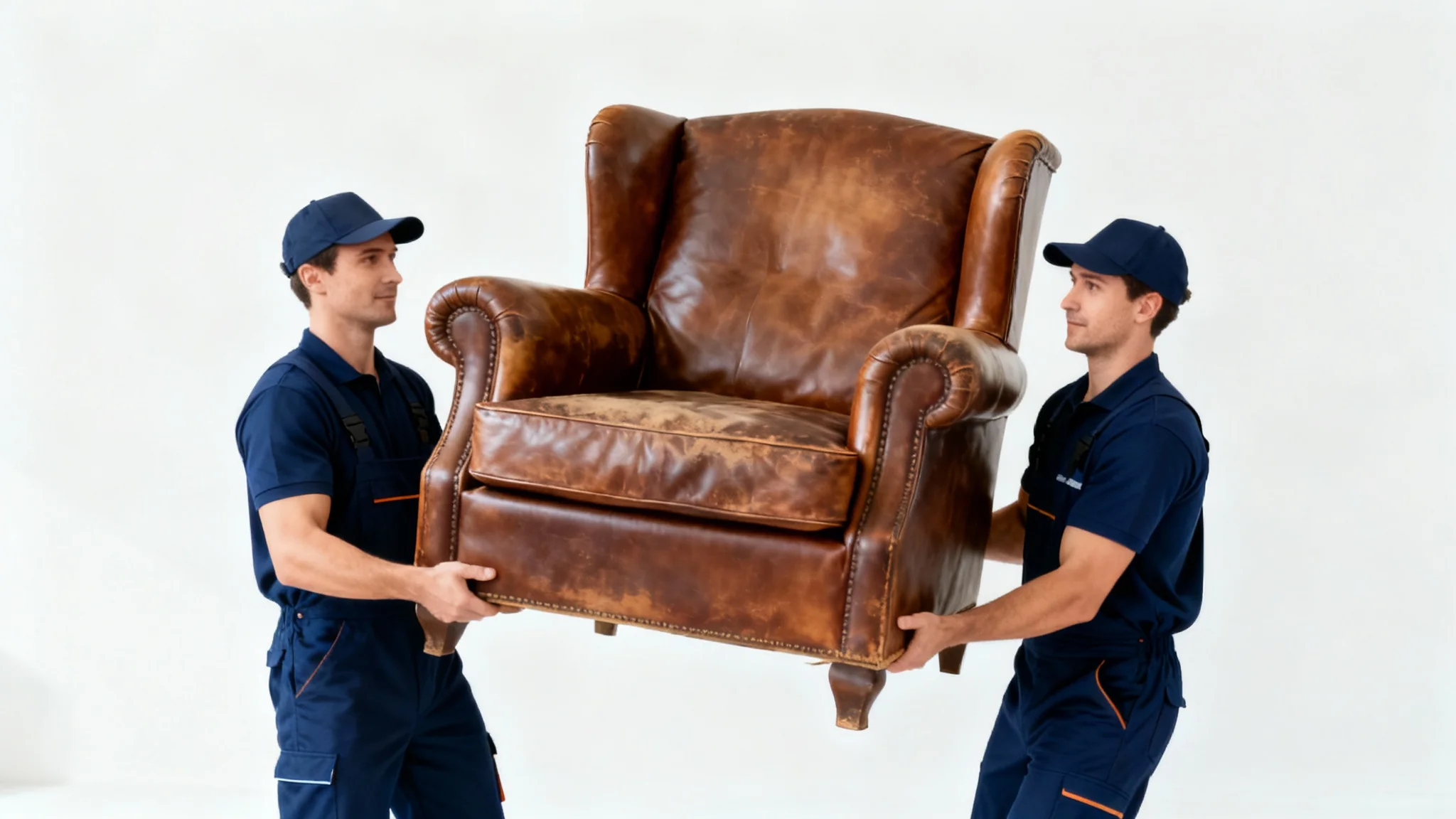 Two professional movers in uniform carefully lifting a brown leather armchair, isolated against a clean white background to showcase a furniture removal service.